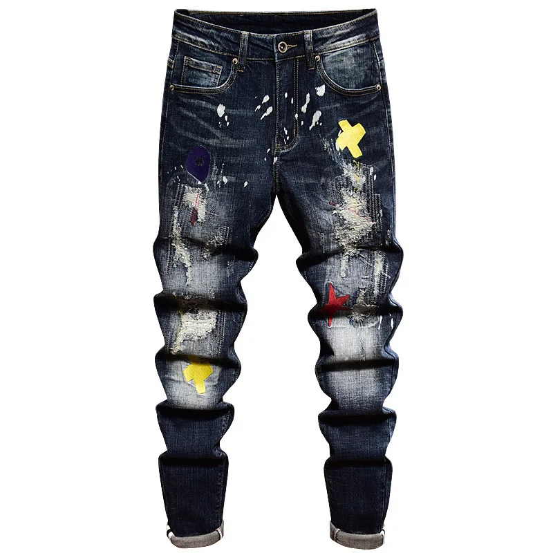 High End Light Luxury Blue Jeans For Men Autumn And Winter Elastic Slim Fit Straight Tube Embroidery Hole Patch For Men'S Denim