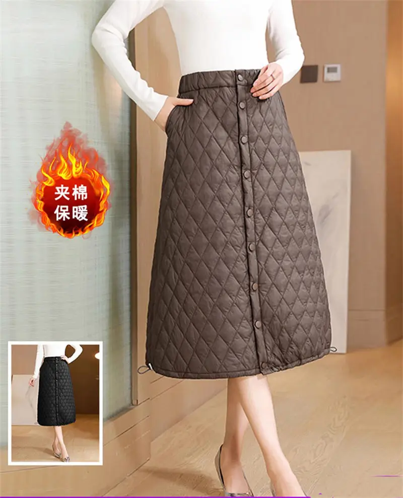 

Fashionable Diamond Checkered Cotton Quilted Skirt Winter Loose Fitting High Waist Versatile Mid Length A-Line Skirt Z4032