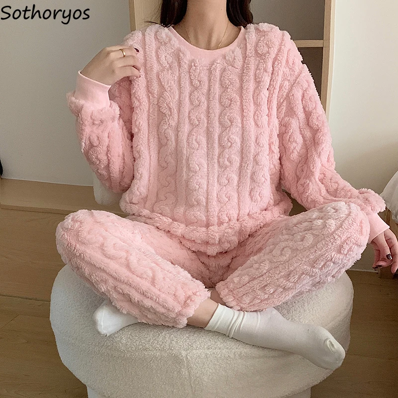 Winter Solid Pajama Sets Women Home Casual Warm Plus Velvet Thicken Sleepwear Tender Students All-match Korean Fashion College