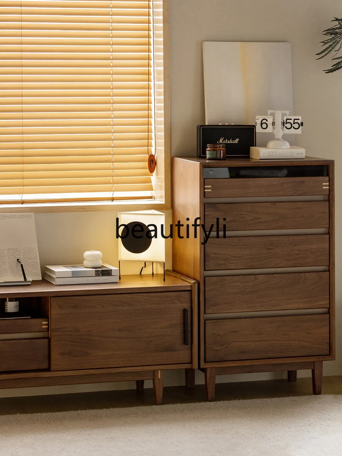 

All solid wood chest of drawers, living room, bedroom, drawer, locker, Nordic black walnut storage chest of drawers