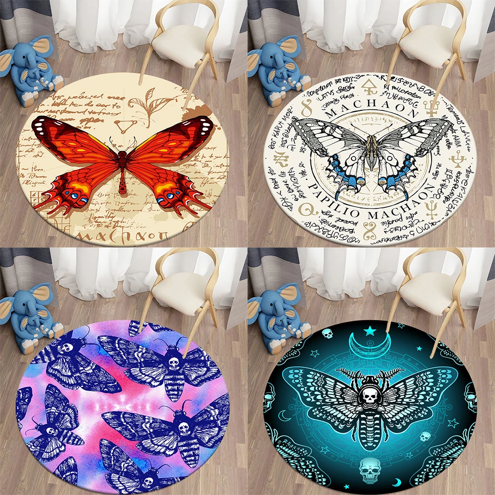 Moth Gothic Skull Butterfly Moon Star Polyester Round Carpet Home Living Room Bedroom Decoration Floor Mat 