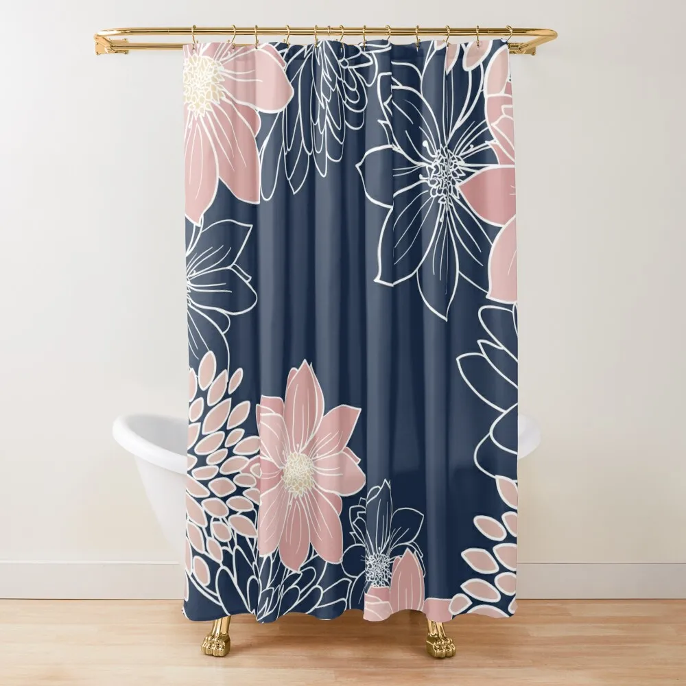 

Floral Prints and Line Art, Pink and Navy Blue Shower Curtain For Bathroom Anime Shower Waterproof Shower And Anti-Mold Curtain