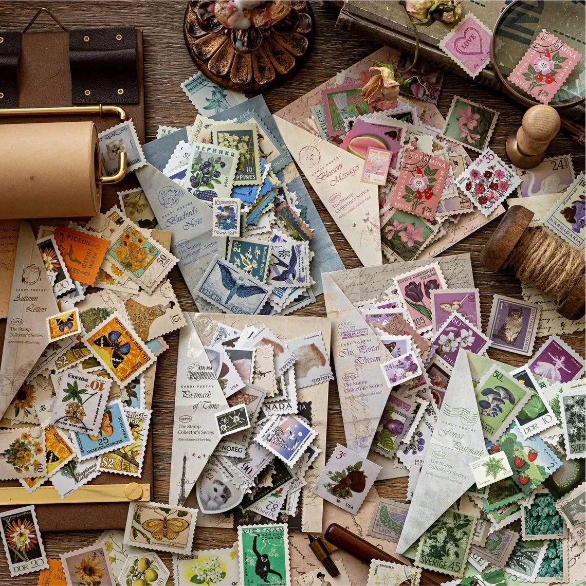 100 Pieces of Retro Stamp Sticker Set, Creative Scrapbook and DIY Notebook Decoration, 50 Unique Designs for Children's Puzzle S