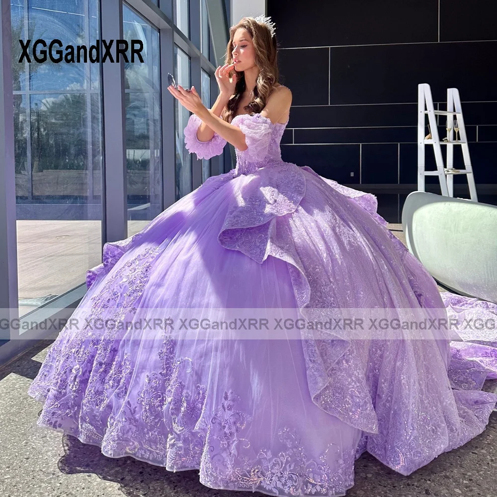 Purple Mexican Vestidos De 15 Quinceañera 3D Flower Sweetheart Layers Applique Ball Gown Sweet 15 16 Birthday Quinceanera Dress