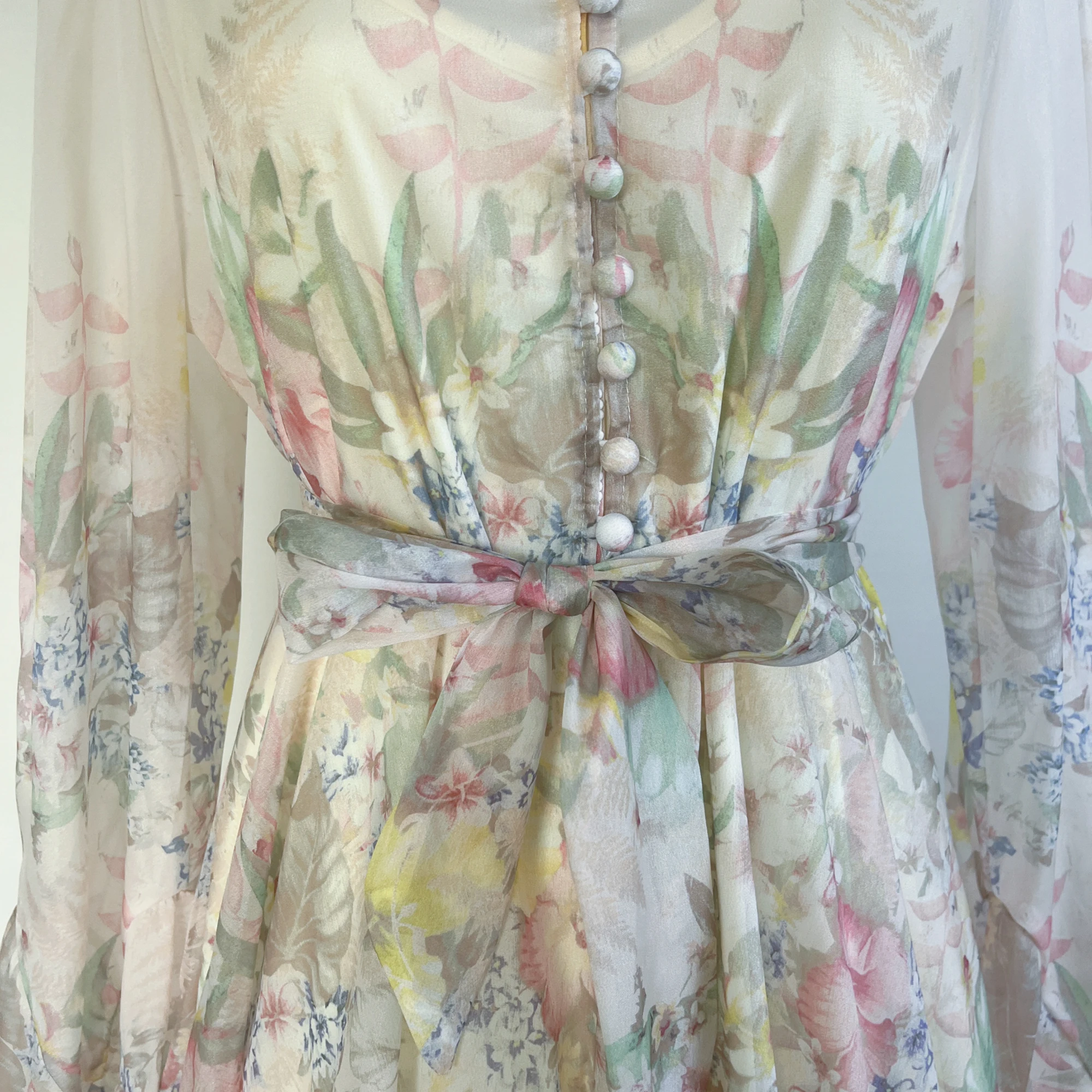 فستان قصير أنيق بأكمام طويلة وطباعة زهور للنساء، تصميم بزر واحد على شكل بتلات، خصر مرتفع، تنورة على شكل حرف A، أسلوب عملي للر...