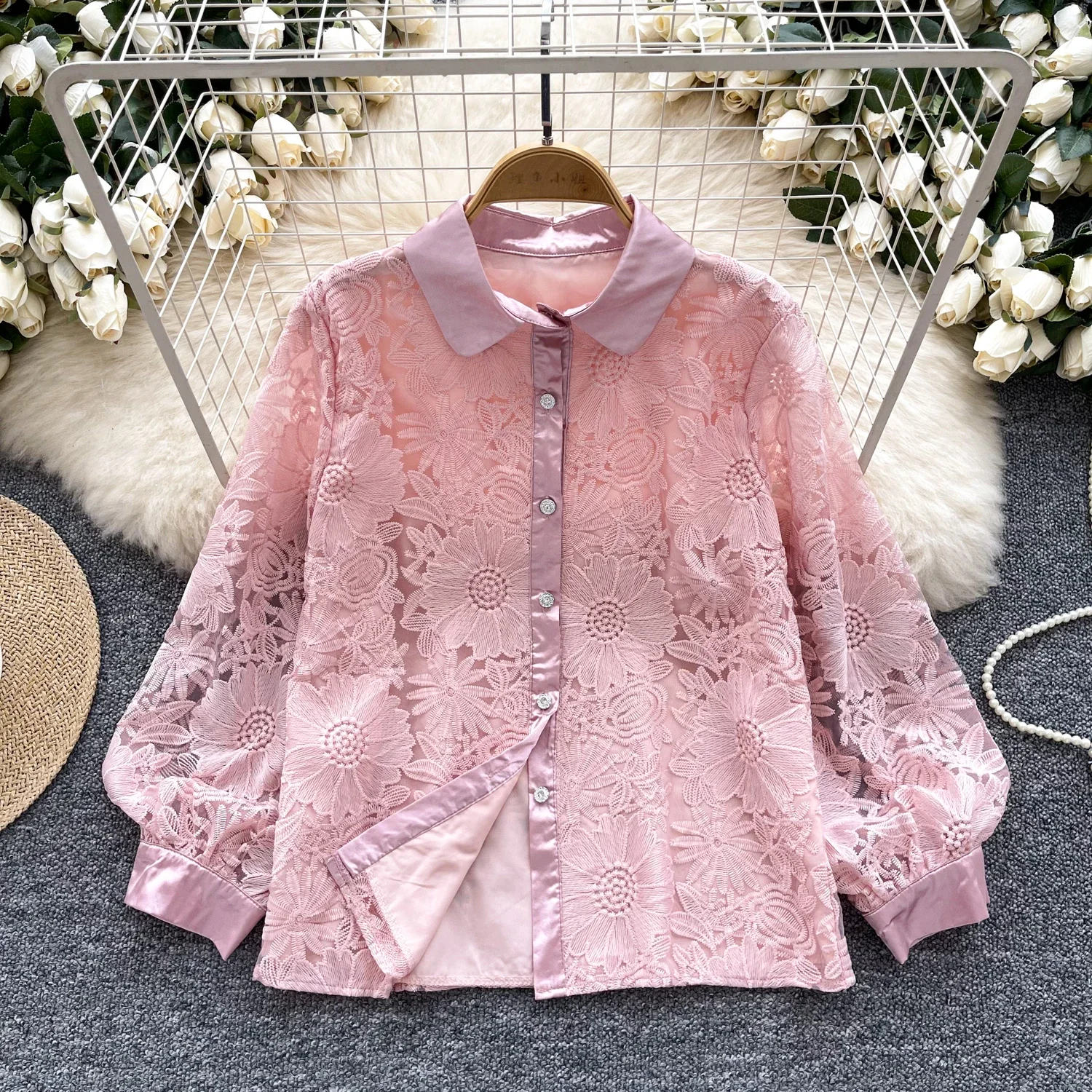 Vintage Elegant Embroidery Long Sleeve Single Breasted Blouse Fashion Lapel Shirt  Casual Chic Top Fairy Autumn Women