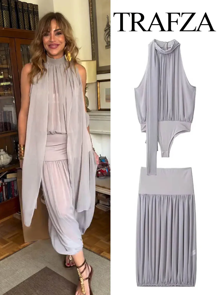 

TRAFZA Women Summer Fashion Sexy Solid Bow Decorated Tulle Zipper Sleeveless Jumpsuit+Chic Elegant Balloon Style Midi Skirt Suit