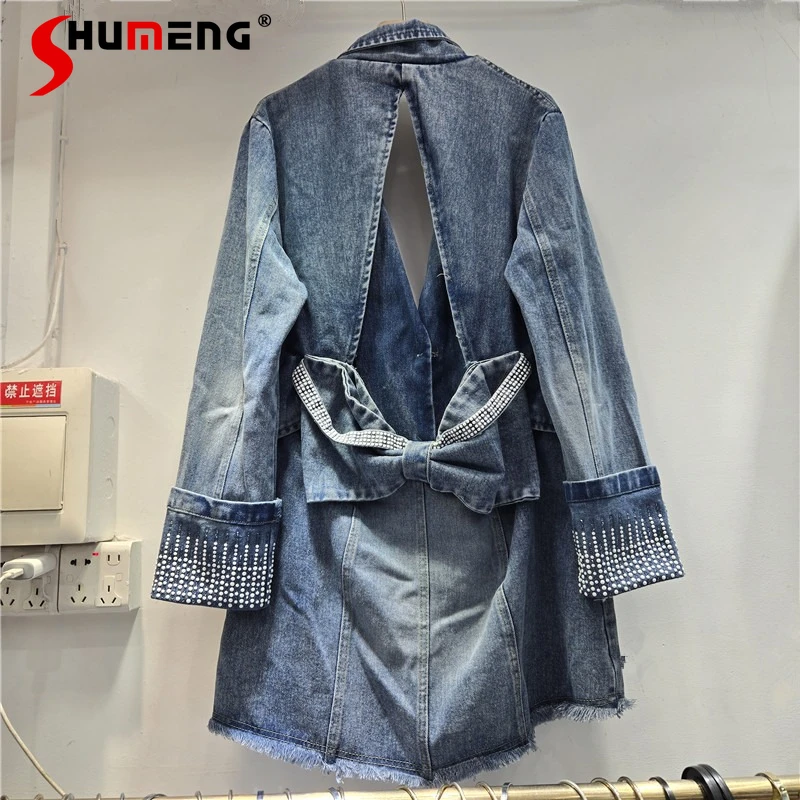 

Women's 2026 Spring Autumn New Fashion Denim Coats Ladies Hollow Out Three-Dimensional Bow Decoration Tops Elegant Denim Jackets
