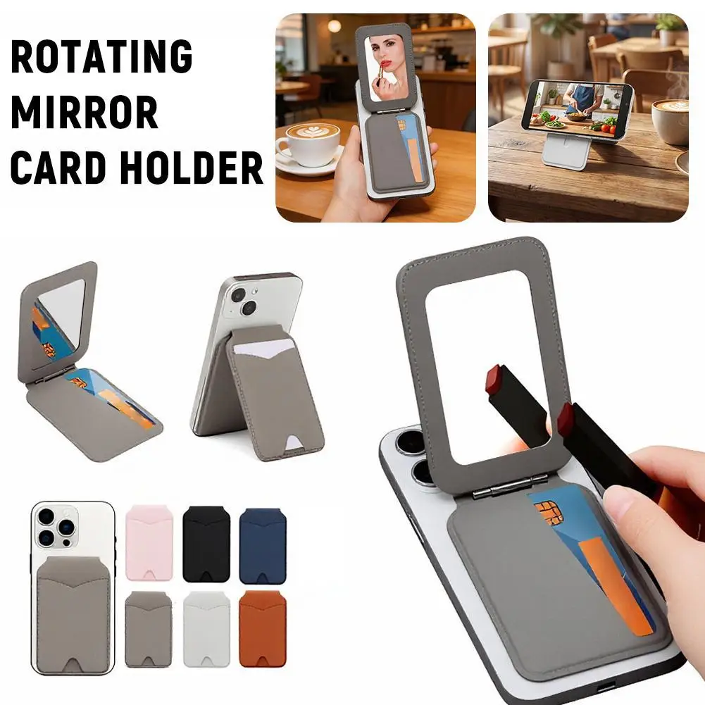 

Rotating Mirror Card Holder for MagSafe Multi-functional Magnetic Card Holder with Mirror PU Leather Base Apple Card Holder