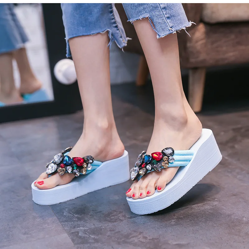 6cm High Heel Women\'s Beach Holiday Sandals, Rhinestone Wild Non-slip Women\'s Shoes Rhinestone Shoes Comfortable House Slippers