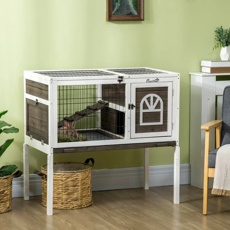 

Wooden Rabbit Hutch, Indoor Elevated Guinea Pig Cage with Run, Ladder, Lockable Doors and Removable Tray