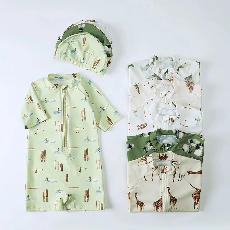 

Детские купальники для девочек от 1 до 7 лет, детские купальные костюмы, топы с короткими рукавами и шапкой, летние комплекты для малышей, 2 предмета, детские купальники для пляжного серфинга