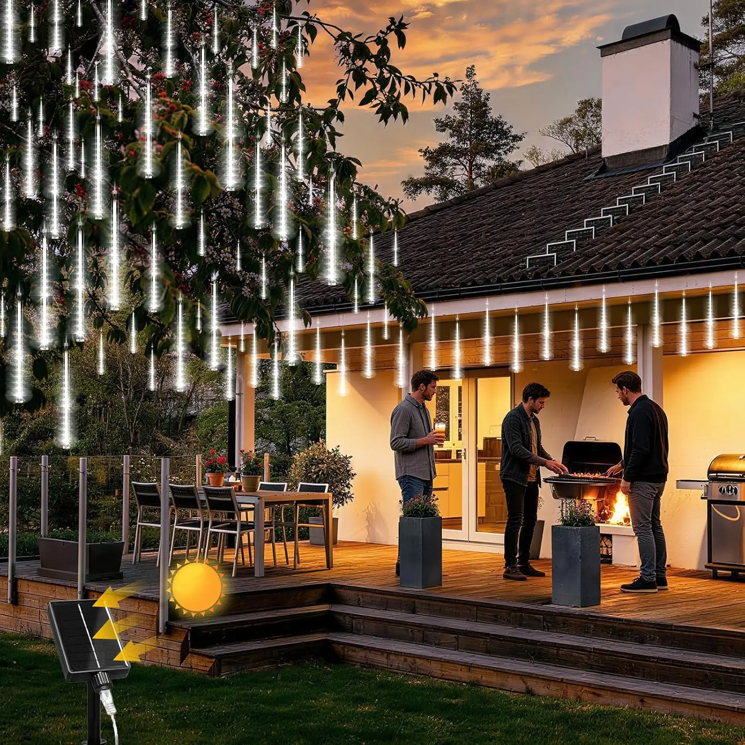 Solar-LED-Meteorschauer-Lichterkette für Außenbereich, Eiszapfen-Lichterkette für Weihnachtsbaum, Hochzeit, Party, Garten, Camping, Dekoration, Solarlampe – Detail 16