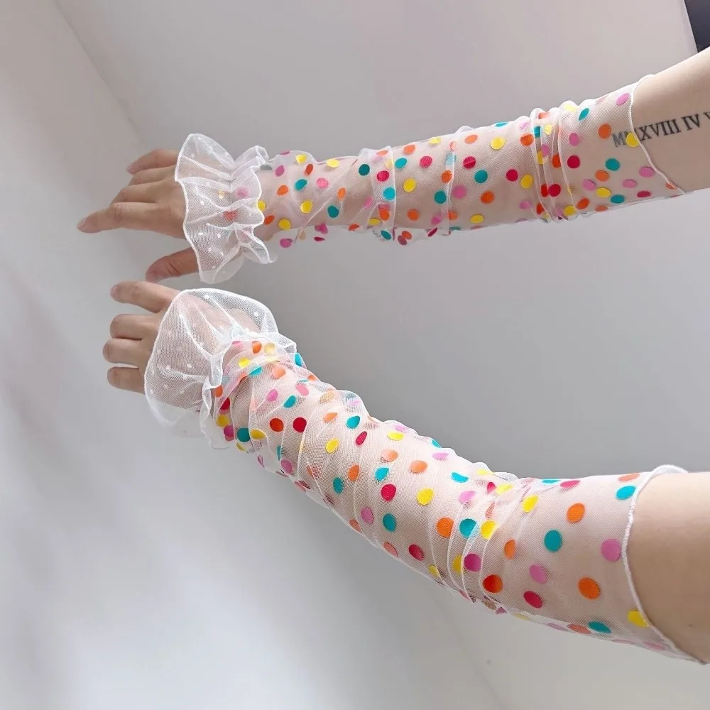 

Breathable Lolita Arm Sleeves Polka Dot Pattern Bow Long Fingerless Gloves Arm Protection Transparent Mesh Sunscreen Sleeves