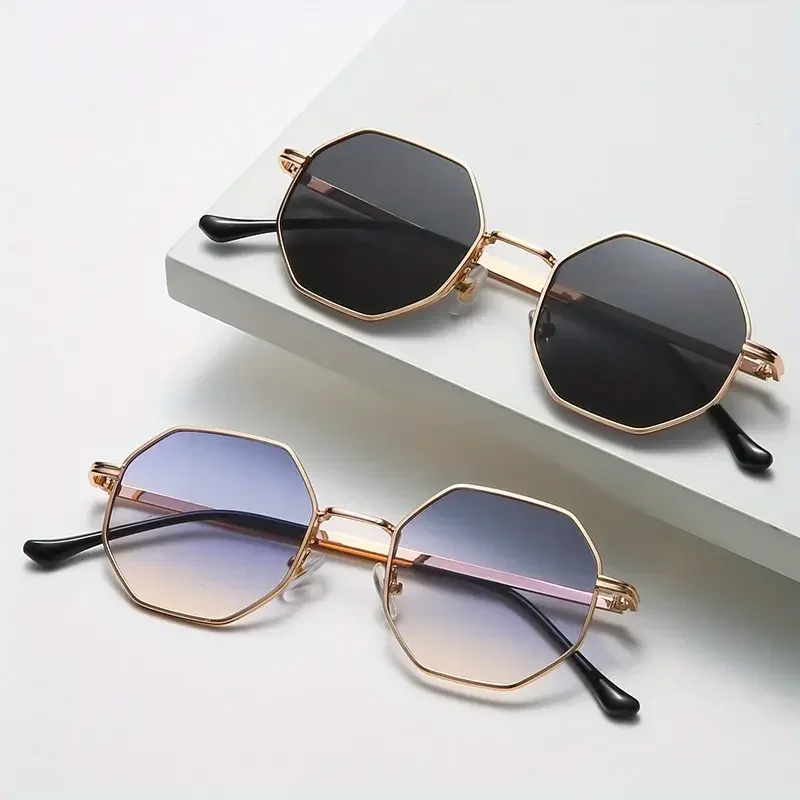 

1pc Fashionable Trendy Glasses for Women and Men, Retro Polygonal Metal Frame Octagonal Glasses for Beach Party Trips