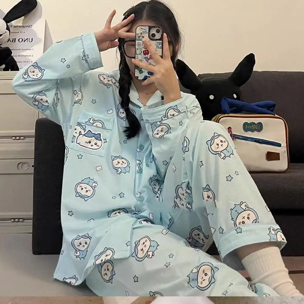 Traje de pijama Kawaii para mujer Chiikawa dibujos animados Usagi algodón otoño Casual niñas ropa de casa Anime lindo pantalones de manga larga ropa de dormir