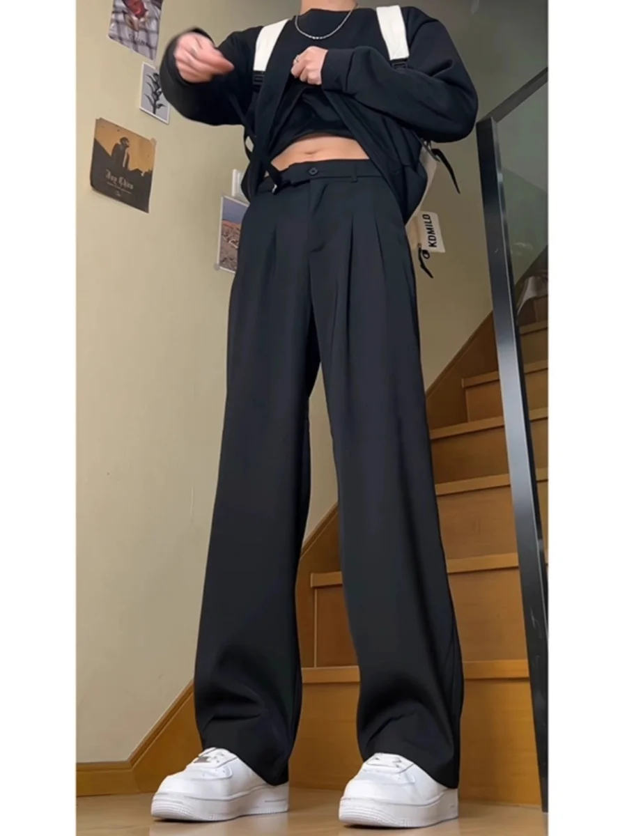 

Black Casual Wide Leg Men's Pants Draped Loose Straight Cut Cleanfit High End Feeling Cool Handsome Long Trousers