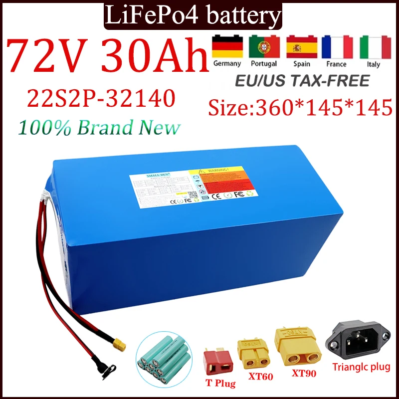 New 72V 30Ah 22S2P 32140 LiFePo4 rechargeable battery pack with built-in BMS 3600W motor, 30A high-power 84V solar outdoor