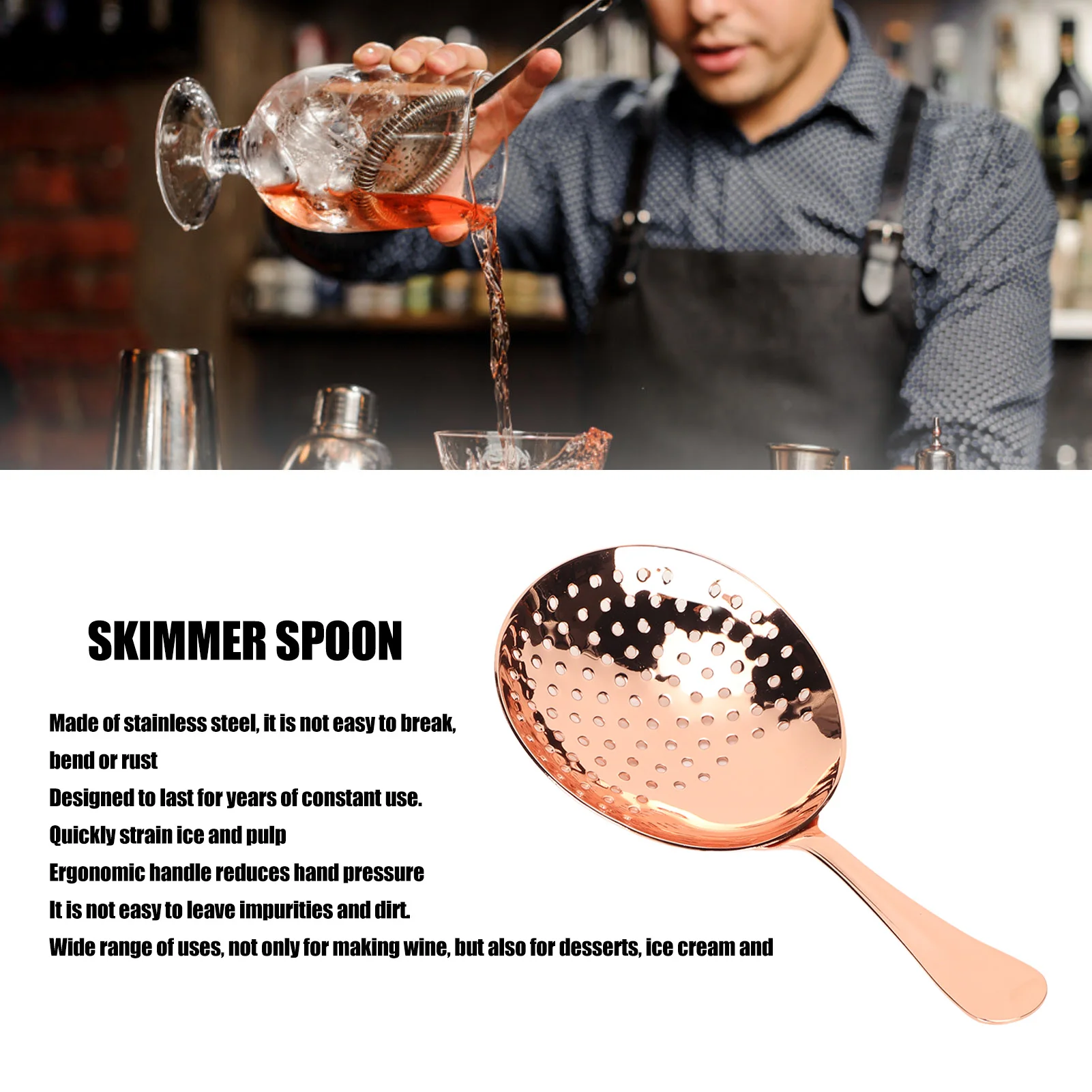 Cocktail Strainer Stainless Steel Julep Strainer Slotted Spoon Multifunction Skimmer Spoon Strainer Spoon for Cocktail