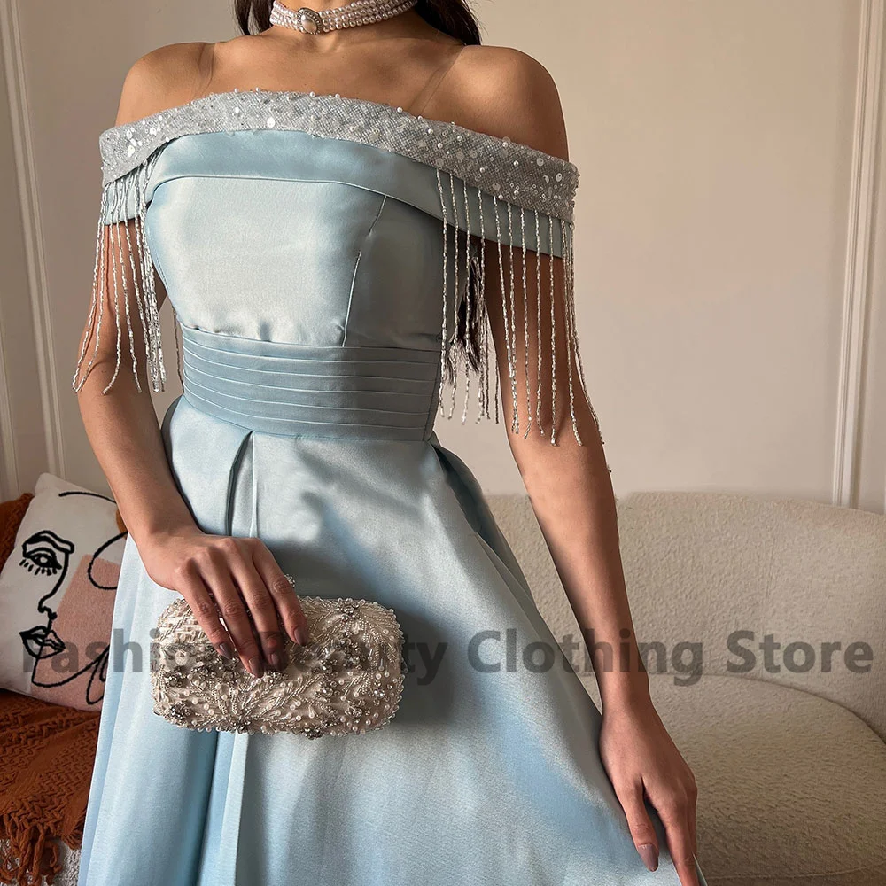 Luxury Satin Prom Dress Off The Shoulder With Tassel Sequins Draped 2023 A-Line Back Zipper Elegant Evening Dresses For Women