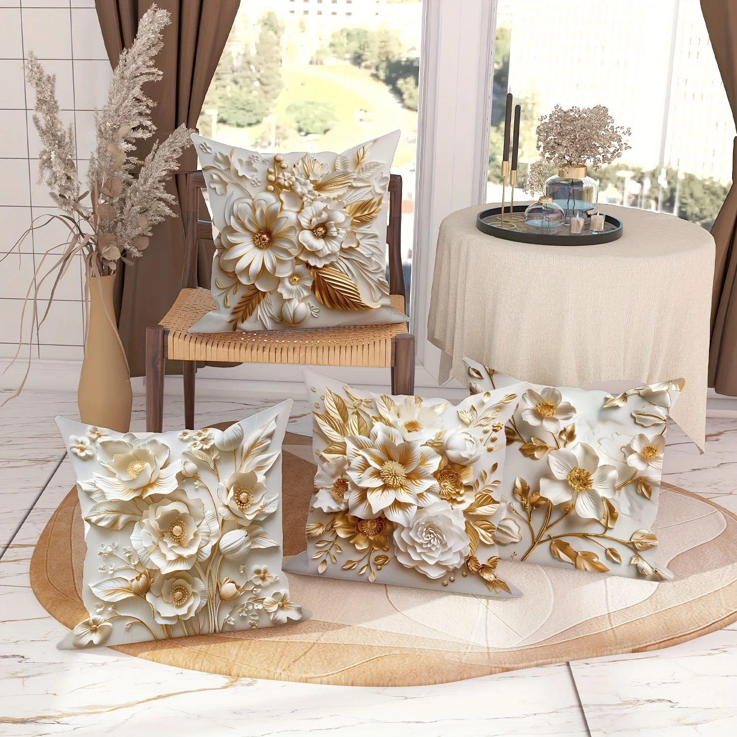 Throw Pillow Covers 3D Floral Gorgeous White Gilt Decorative Pillow Covers Satin fabric Living Room Bedroom Sofa Bed Decoration