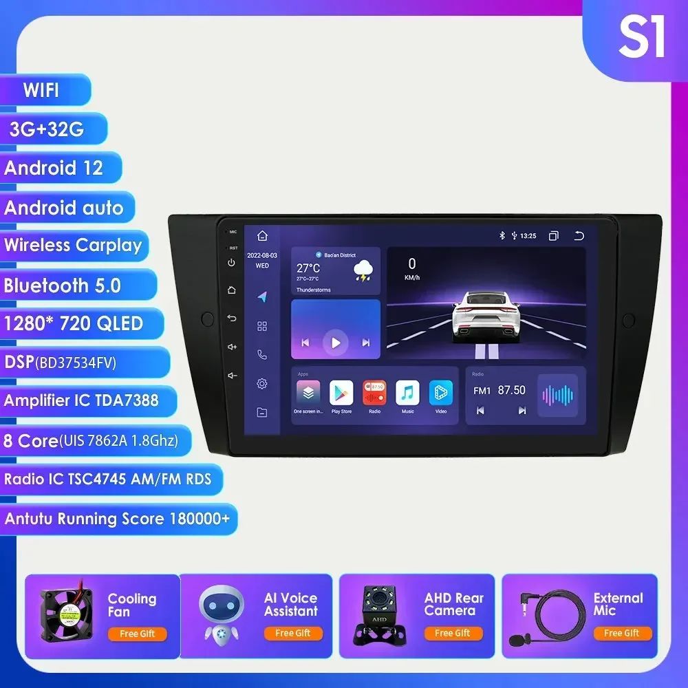 4g-lte Carplay ai 9 Zoll 2din Android 12 Autoradio GPS Multimedia für BMW 3er E90 E91 E92 E93 Navigation RDS Stereo GPS DSP