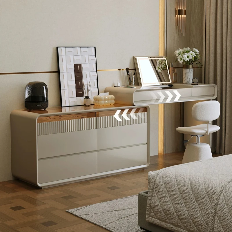 Modern Wooden Flip Top Vanity Desk with Chest of Drawers Hidden LED Makeup Mirror Fingerprint Lock Storage Dresser for Bedroom