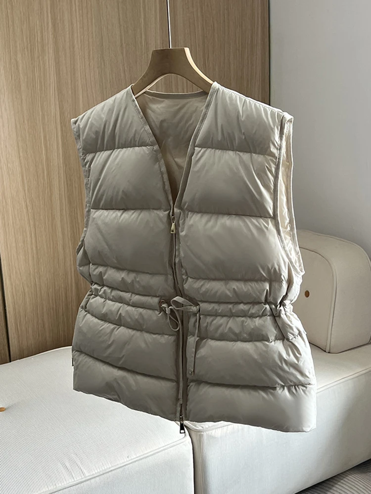 الخريف الشتاء الرباط خفيفة الوزن أسفل سترة الإناث الخامس الرقبة عادية مبطن سستة الصدريات النساء الأبيض بطة أسفل سترات فضفاضة