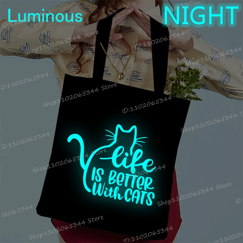 الحياة أفضل مع القطط طباعة المرأة حقيبة كتف Harajuku حقيبة تسوق قماش سعة كبيرة حقيبة يد فتاة مضيئة حقيبة يد
