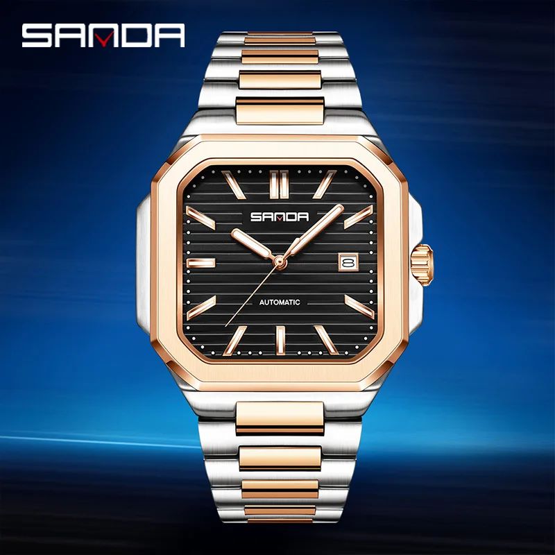 SANDA2025 Orologio meccanico quadrato da uomo nuovo Calendario impermeabile Orologio meccanico da uomo per il tempo libero con striscia in acciaio massiccio