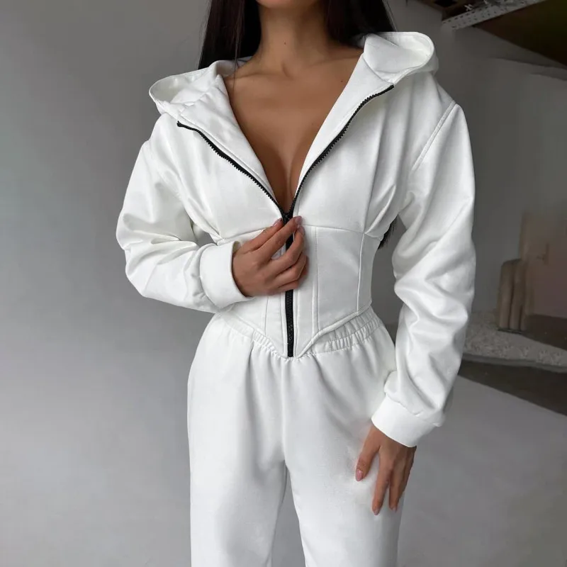 Spring and Autumn women's casual plain color short sleeved hooded cardigan jacket with sports ties, women's slim fit hoodie jack