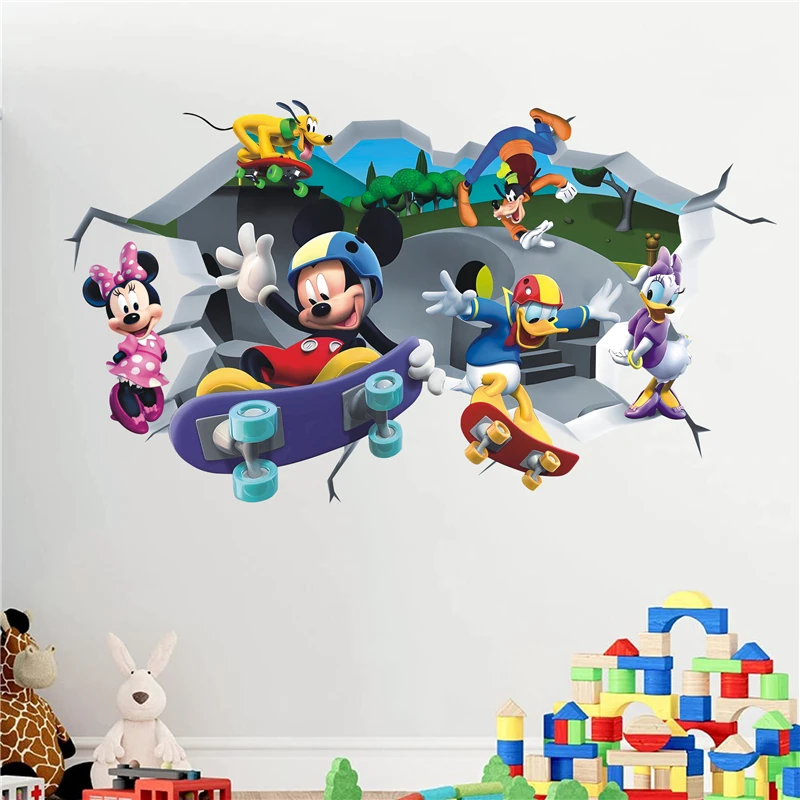 MINISO Cartoon Mickey Minnie Mouse Donald Duck Wall Stickers For Kids Room Baby Bedroom Wall Art Nursery Amusement Park Poste