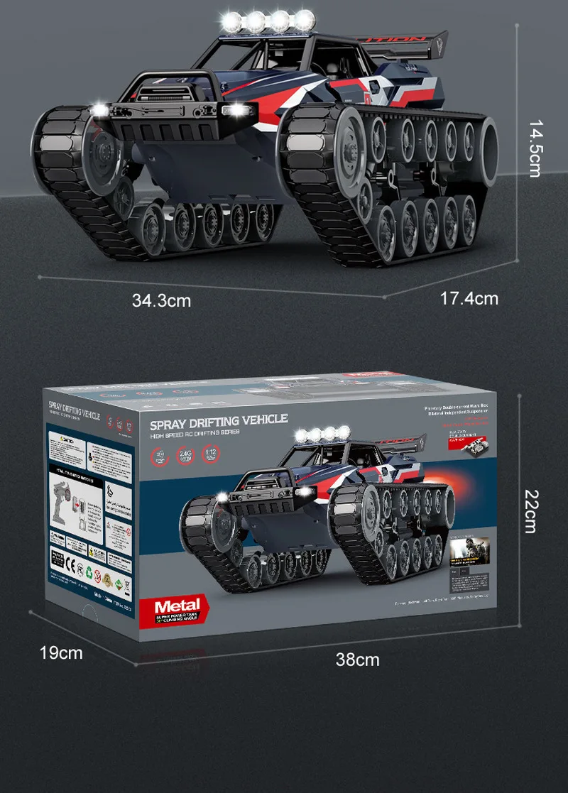 RC Alloy Remote Control Tank Model for Kids, High Speed Drift Spray, 1:12, 2.4g, Toy Gift, Aniversário, Natal