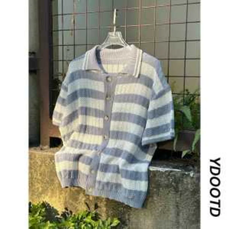 American Retro Hollow Knitted Striped Short Sleeved Shirt Men's Summer Lazy Style High End Shirt Jacket