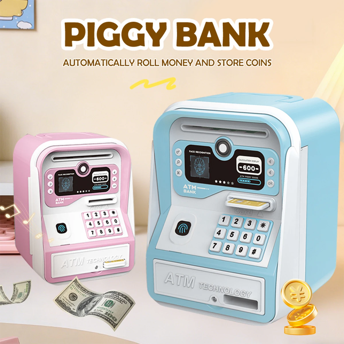 Electric ATM Money Box Piggy Bank, Automatic Deposit Password Unclock Swipe Card Saving Box With Music Gifts For Kids