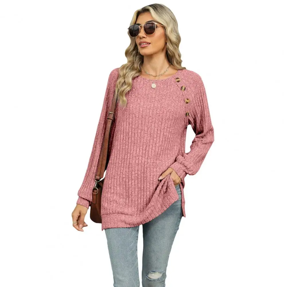 

Women Button-up Blouse Stylish Women's Long Sleeve Tee with Button Detail Side Slits Casual Round Neck for Everyday for Comfort