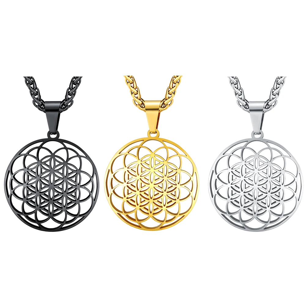 

Stainless Steel Flower of Life Unisex Necklaces 3mm Link Chain 14k Gold Color Black Hollow Out Geometric Pendant Necklace QC24