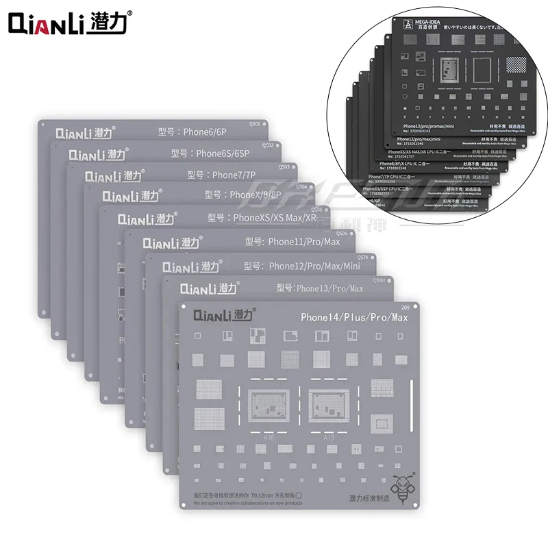 Zestaw szablonów QIANLI BGA Reballing do iPhone'a 15 14 13 12 11 Pro Max XS Max XR X 8P 8 7P 7 6s 6 Black Tin Planting Soldering Net