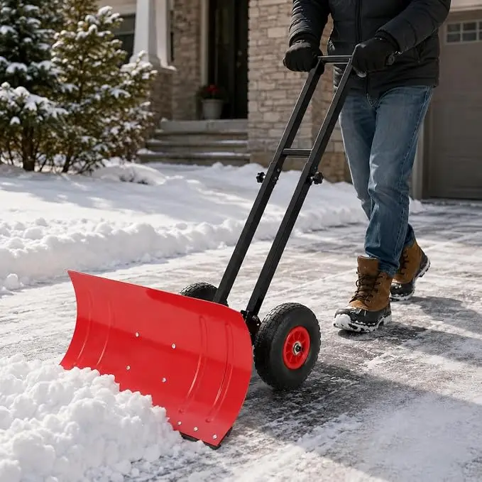 Wheeled Snow Shovel,Snow Pusher w/Adj Handle 42cm | Carbon Steel Blade, Ergonomic Handle, Rolling Wheels, Back-Saver Design, Driveway & Sidewalk, Rust-Resistant
