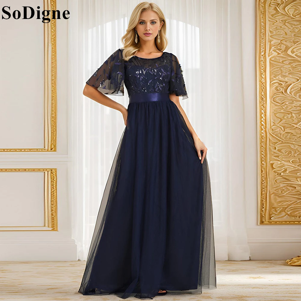 SoDigne Elegant Navy Blue Evening Dresses O-Neck Lace Appliques A-Line Pleated Cap Sleeves Party Dress 2024 Prom Gown Customized