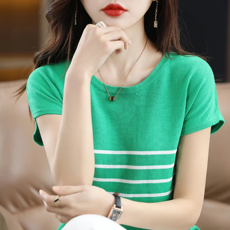 Novedad de verano, suéter 100% de algodón de manga corta para mujer, camiseta de punto con bloques de Color y cuello redondo para mujer, Jersey holgado a la moda