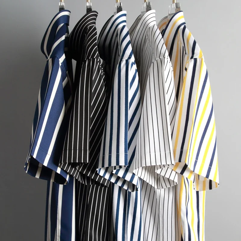 

2024 Regular Fit Short Sleeve Strech Striped Shirts For Men Summer Soft Business Men's Dress Shirt Casual