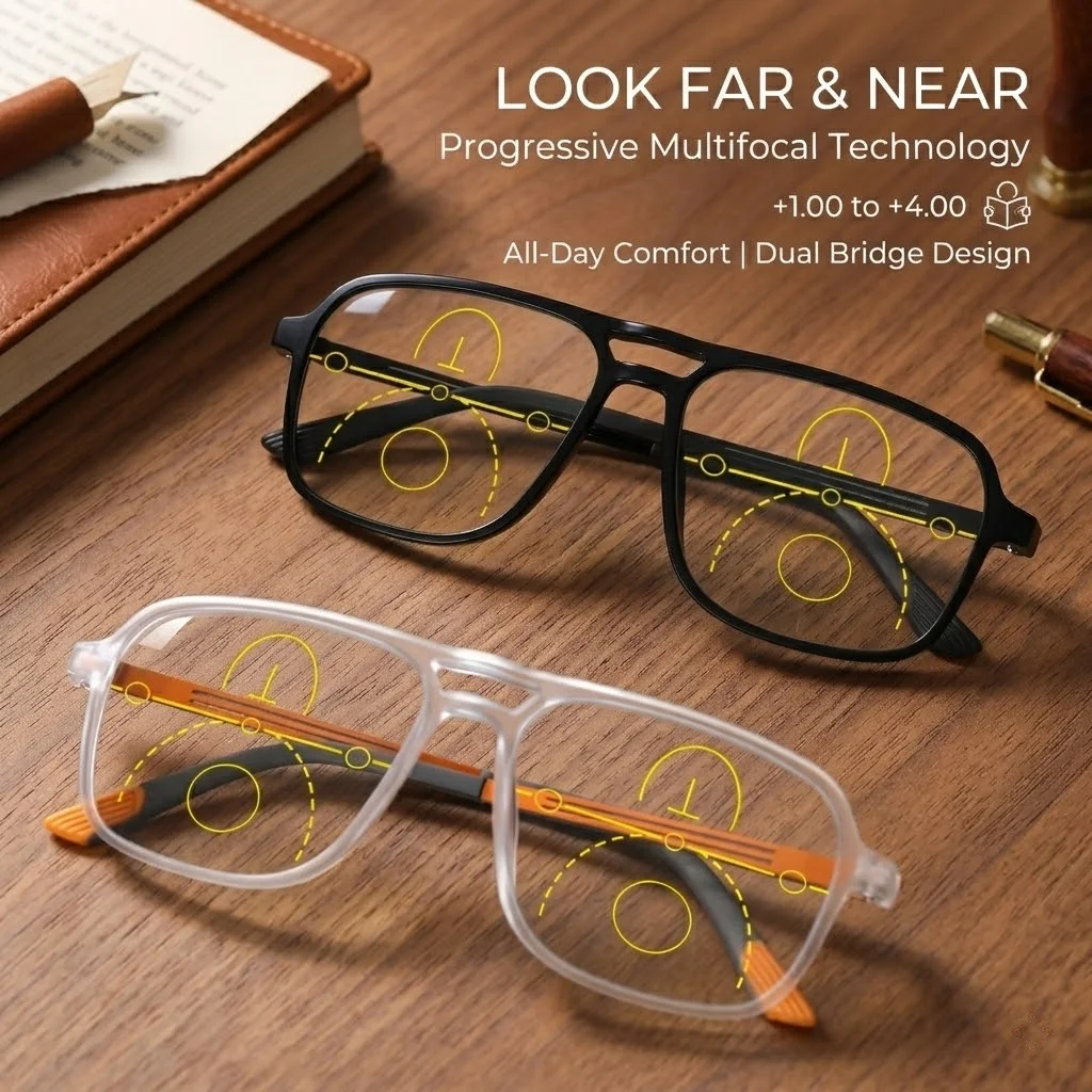 Progressive Multifokal-Lesebrille für Damen und Herren mit Klaren Gläsern, Klassischer Leichter Quadratischer Rahmen, Angenehm zu Tragen, Geschenk für Ältere