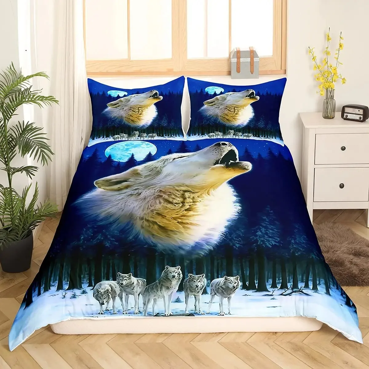 

Wolf Printed Bedding Set Twin Size for Kids Boys Bedroom,Misty Bed Duvet Cover Set, Comforter Cover Wild Animals Decor 3 Pieces