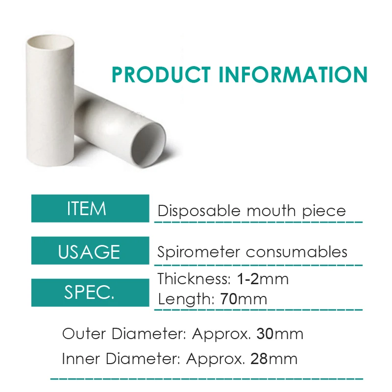 100 peças de tubo de boca de papel descartável, acessório de ventilador de capacidade vital para medidor de fluxo de pico de pulmão, detector pulmonar, espirômetro