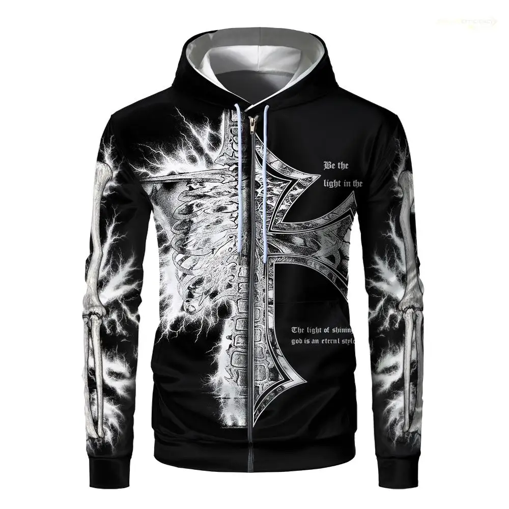 Crânio e cruz impressão zíper hoodie wifru outono inverno solto casual moletom personalidade tendência estilo gótico streetwear
