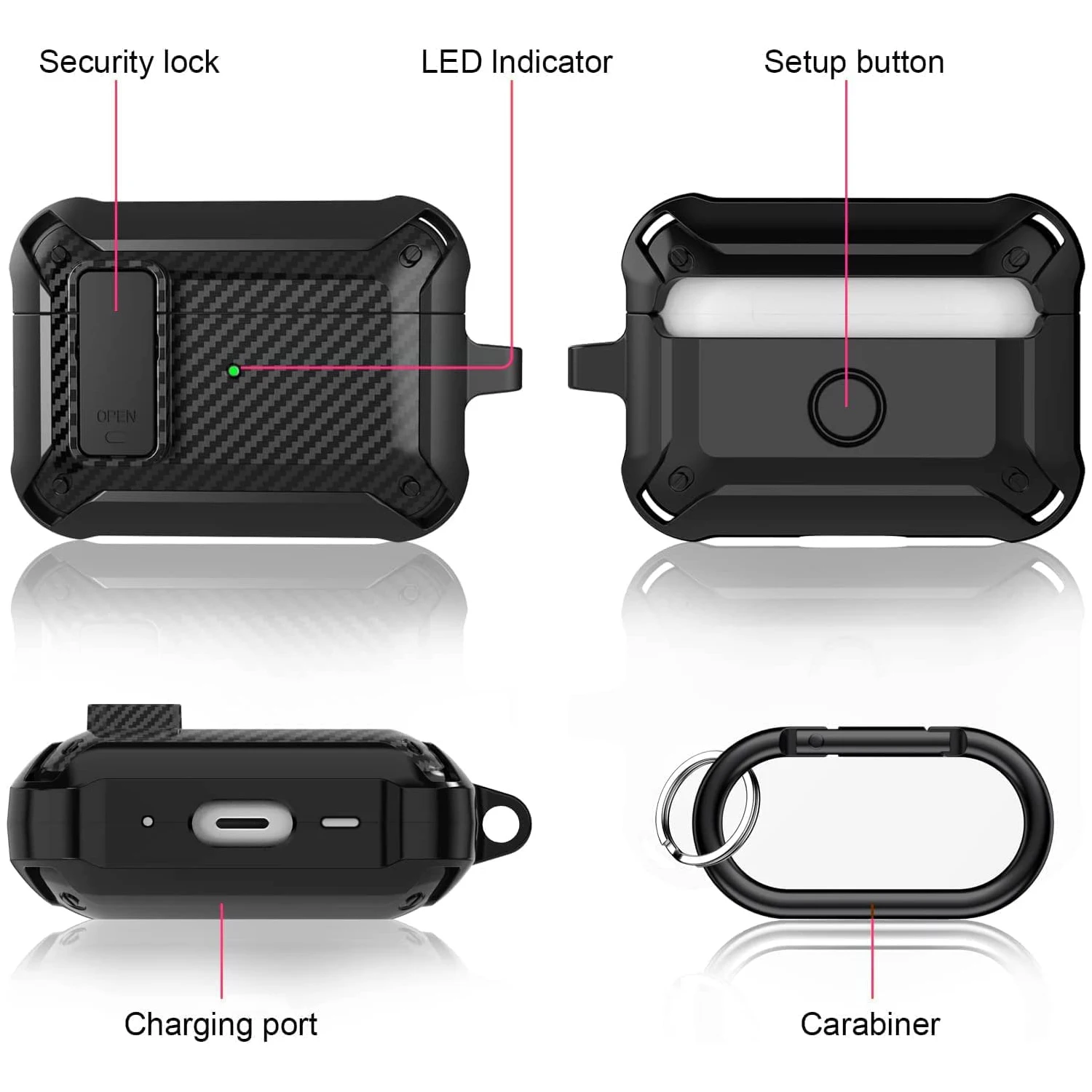 Carbon Fiber Hard Shell Case com Keychain, Secure Lock Clip, Capa para Airpods Pro 2, 2nd and 1st Generation