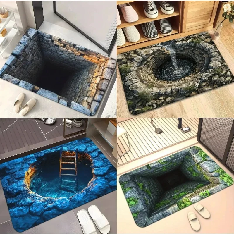 3D Well Hole Flannel Rug Printed Carpet Indoor Decorative Bathroom Kitchen Floor Mat Anti Slip Soft Optical Illusion Design