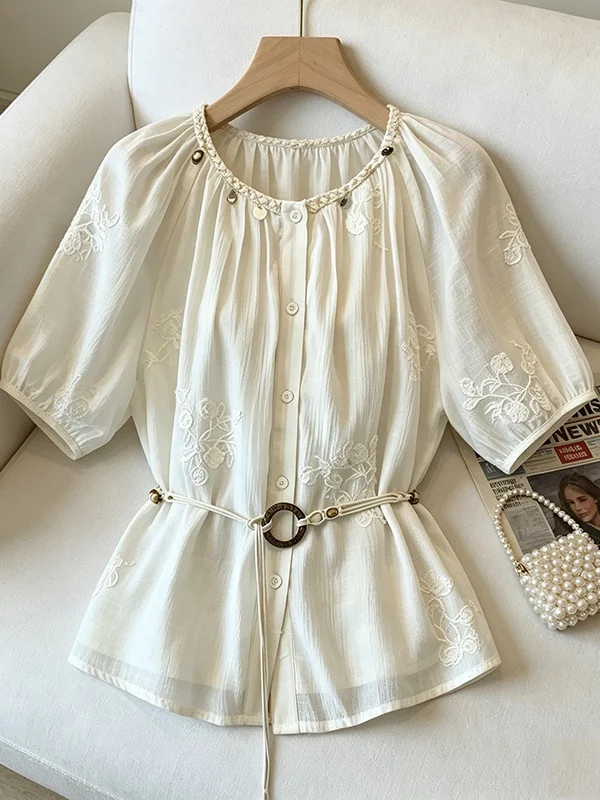 

plus Size Women's Fashionable Embroidered Loose Short Sleeve Shirt Summer 2026 Korean Style Versatile Belly Covering Slimming...