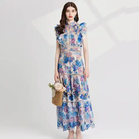 Holiday Runway Summer Flower Maxi Evening Dress Women Floral Print Ruffle Embroider Lace Long Dresses Formal Party Vestidos